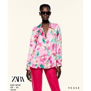 Zara Womens Floral SatinLong Sleeve Blouse Pink/Multicolor Size Small